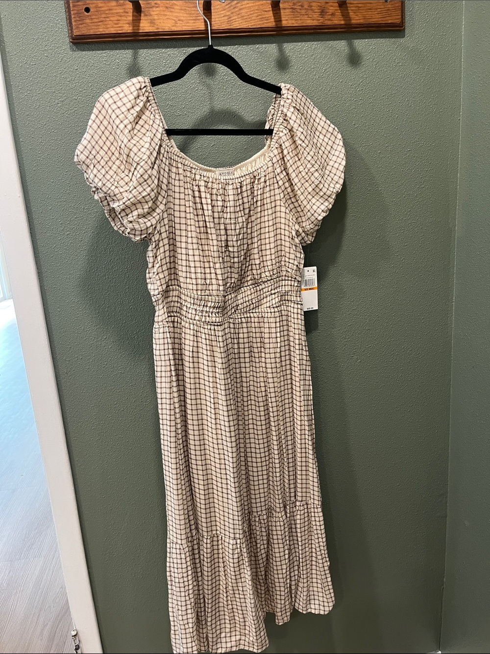 Angels Cream & Black Checked Maxi Dress with Puff Sleeves